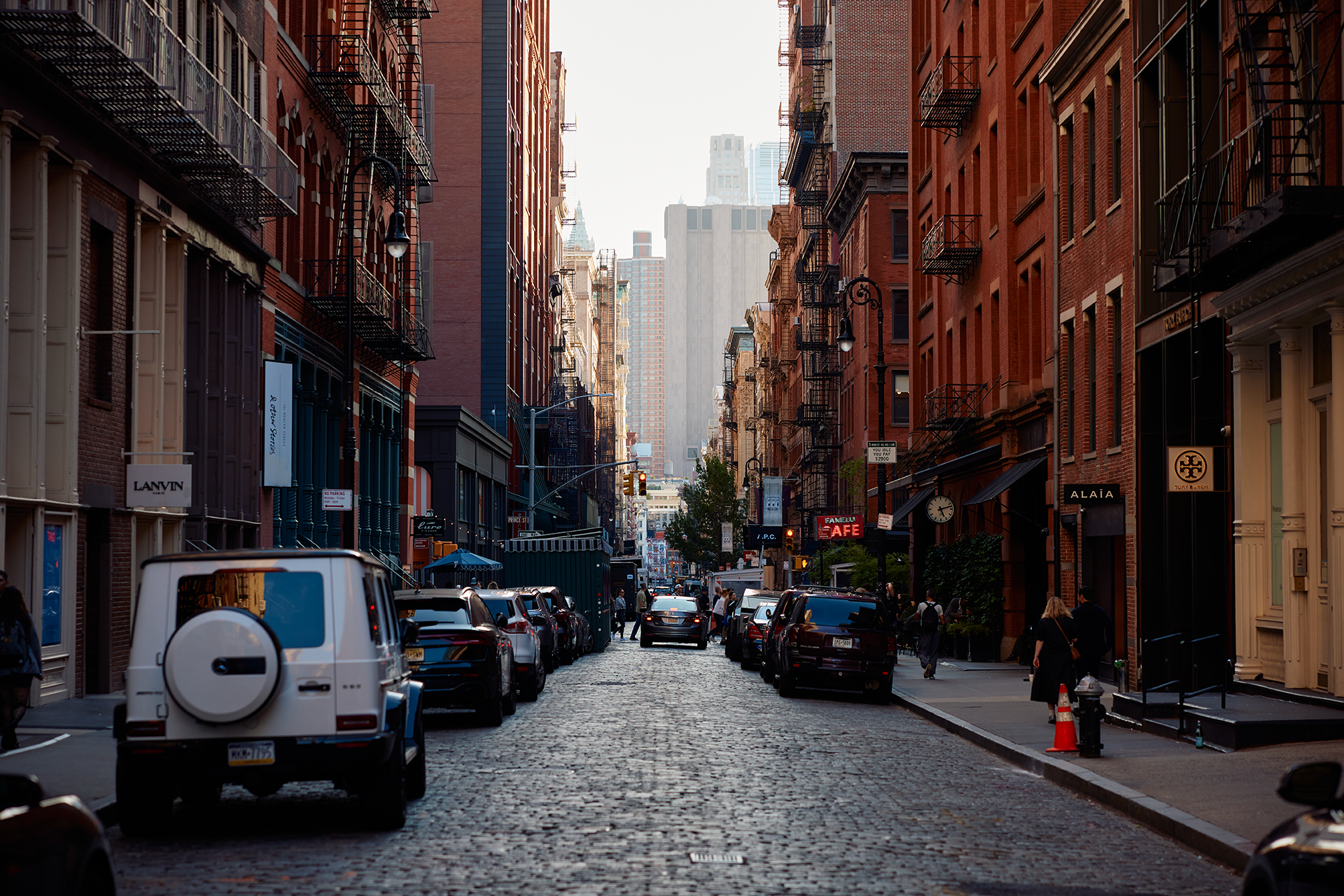 Looking down a Soho New York cobblestone street near the Mercer Hotel