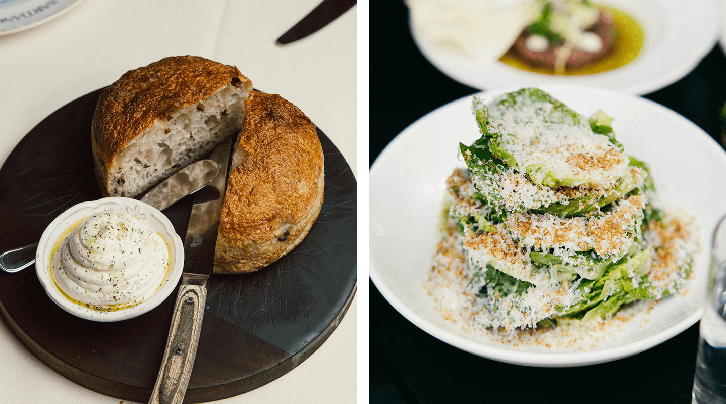 Two images of house made bread and a salad made by Sartiano's