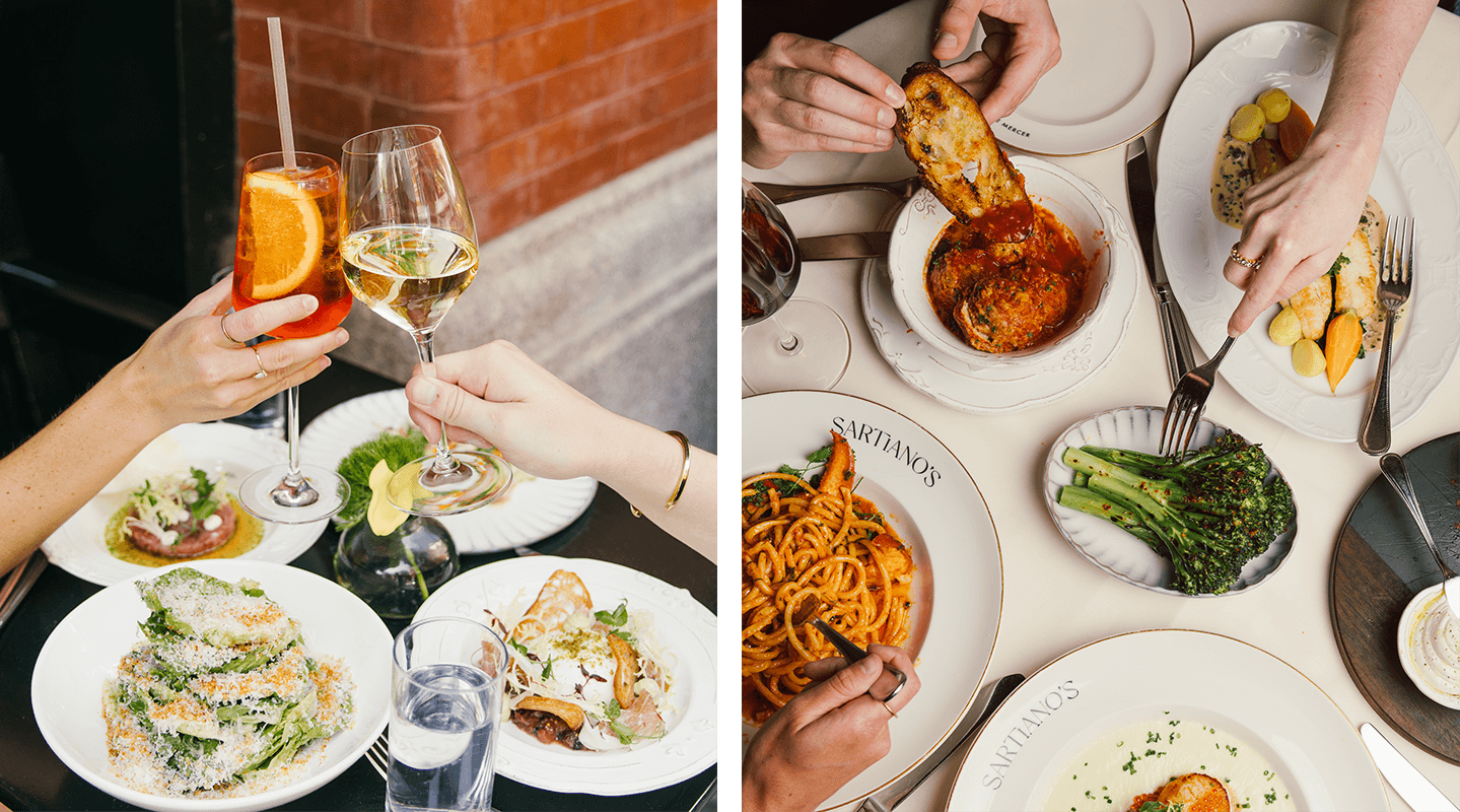 Two photos, on the left two people toasting their cocktails over four plates of food. On the right, a full table spread of shared dishes