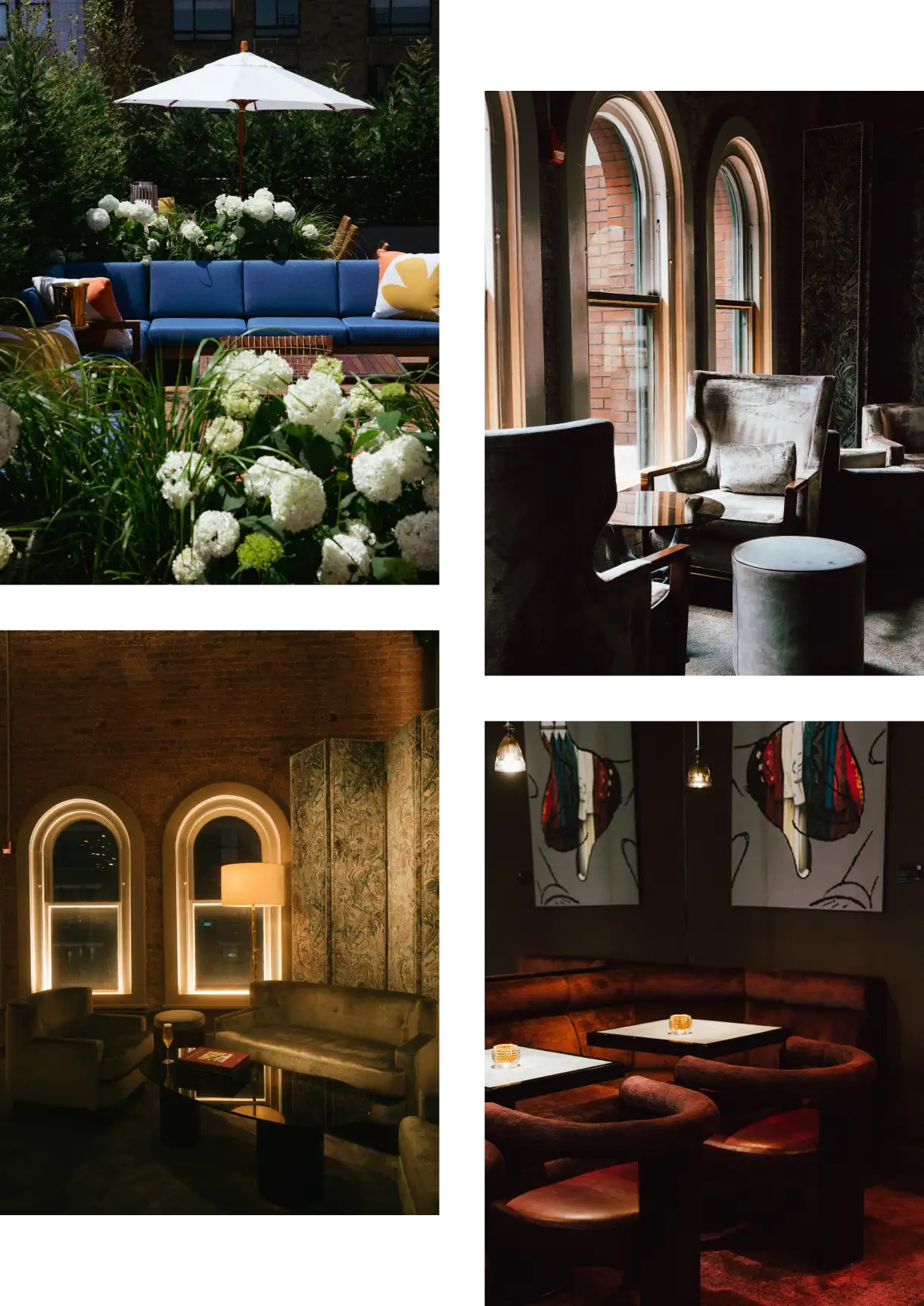 Top Left: Private outdoor seating, blue sofa with white umbrella and hydrangeas. Top Right: Arched windows letting natural light illuminate the plush private seating area. Bottom Left: night view of the arched windows and seating area with dim floor lighting. Bottom Right: Table seating with red accents and art on the wall. 